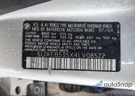 2004 BMW X5 4.4I z USA, uszkodzony, nr VIN 5UXFB535X4LV08522